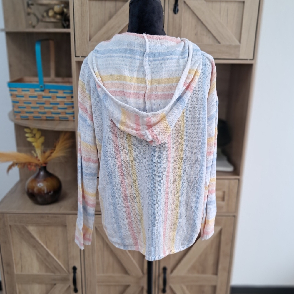Bucees Knit Hooded Sweater Pastel Colors Striped V-Neck Long Sleeve Beachy Boho - Picture 2 of 12